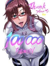 alternate_breast_size big_breasts blue_eyes blush blushing breasts breasts_bigger_than_head brown_hair brunette celebration clothing female female_focus female_only follower_celebration glasses holding_breast huge_breasts jet_puri large_breasts leaning_forward long_hair mari_illustrious_makinami massive_breasts milestone_celebration muscular_thighs neon_genesis_evangelion plugsuit rebuild_of_evangelion solo solo_female thank_you thick_ass thick_thighs thigh_gap thighs tight_clothing tongue tongue_out top_heavy twintails white_background