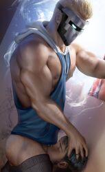 ass bara black_hair blonde_hair cadenwho cock_gobble cock_hungry face_fucking facefuck fellatio gay hand_on_head head_grab indie_virtual_youtuber male_only masked masked_male muscles muscular muscular_male oral original_character pants_down pants_pulled_down pinned_against_wall pinned_to_wall silvyspark tank_top virtual_youtuber yaoi