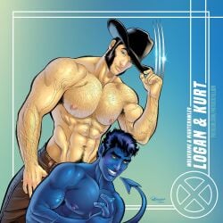 2boys blue_skin cowboy_hat gay kurt_wagner logan_(x-men) male male_focus male_only marvel marvel_comics muscular muscular_male nightcrawler patrick_fillion pecs tagme tail wolverine_(x-men) x-men yaoi