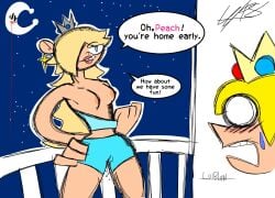 blue_eyes breasts english_text flashing flashing_breasts mario_(series) moon princess_peach princess_rosalina sketch super_mario_galaxy text wriizzyarts