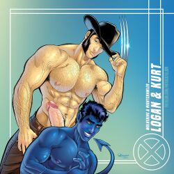 2boys blue_skin cowboy_hat gay kurt_wagner logan_(x-men) male male_focus male_only marvel marvel_comics muscular muscular_male nightcrawler patrick_fillion pecs tagme tail veiny_penis wolverine_(x-men) x-men yaoi