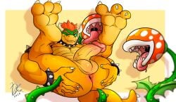 absurd_res anal anthro anus ass balls bara big_butt bowser chubby chubby_male claws collar dreyol_(artist) elemental_creature erection feet flora_fauna genitals hair hi_res humanoid_genitalia koopa male male_focus male_only mario_(series) naked nintendo nude pawpads paws penis piranha_plant plant scalie simple_background solo_focus tentacle toes video_games