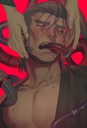 2boys blush close-up closed_eyes gintama grey_hair kawakami_bansai male male_only mature_male mdrkwgk okada_nizou oral_penetration painting_(artwork) pecs sexually_suggestive sideburns solo_focus sweat sweatdrop tentacle tentacle_in_mouth thick_eyebrows upper_body