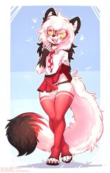 absurd_res anthro balls bodily_fluids bottomwear canid canine canis clothed clothing cum.cat digital_media_(artwork) femboy fox fur genital_fluids genitals girly hair hi_res male mammal open_mouth penis simple_background skirt smile solo tongue