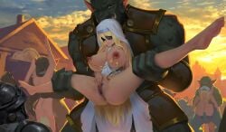 3girls anus ass badapple1003 big_breasts blindfold blonde_hair breasts curvy goblin goblin_male goblin_slayer hairy_pussy huge_breasts legs_apart legs_held_open linked_nipples linked_piercings long_hair long_hair_female multiple_girls nipple_piercing pierced_nipples piercing pubic_hair splits spread_legs sword_maiden_(goblin_slayer) thick thick_thighs thighhighs thighs vagina