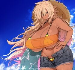 1girls bandeau big_breasts bikini bikini_under_clothes blonde_female blonde_hair bracelet breasts breasts_bigger_than_head cameltoe cleavage dark-skinned_female dark_skin ganguro gyaru hand_on_hip hat huge_breasts inverted_nipples kuro_gyaru kurokagami_ryuuko long_hair navel original otogi_tetsurou outdoors outside plump see-through see-through_clothing solo solo_female thick_thighs underboob very_long_hair voluptuous wide_hips