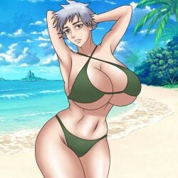 1girls alternate_breast_size arms_behind_head arms_up bare_arms bare_chest bare_legs bare_midriff bare_shoulders bare_thighs beach big_breasts bikini bleach breasts breasts_bigger_than_head bust busty center_opening cleavage cropped_legs feet_out_of_frame female female_only hourglass_figure huge_breasts kotetsu_isane looking_at_viewer ocean pose posing revealing_swimsuit sand seaside shiny shiny_hair shiny_skin shore short_hair silver_hair skimpy_bikini solo solo_female solo_focus sutokatsu swimsuit thick_thighs voluptuous water wide_hips