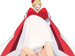 blonde_hair bo_wei cape corset domination dress earrings empress_leda_(heelfall) femdom flower_on_head footjob game_cg gem gem_on_forehead gloves heelfall larger_female lipstick milf queen sitting size_difference slave smaller_male smile smiling sole_female stockings tiara under_skirt unseen_male_face