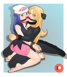 aviarrus ball_gag beanie blonde_hair blue_eyes blue_hair breasts clothed_female cynthia_(pokemon) dawn_(pokemon) gag gagged grey_eyes hair_ornament hair_over_one_eye kneeling large_breasts long_hair medium_breasts nintendo patreon_logo poke_ball_gag pokemon pokemon_dppt shared_gag sitting_on_person submissive submissive_female tied_together tied_up wrists_tied