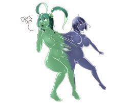 2girls blue_hair blue_skin breasts conjoined dulee_(doodledowd) green_hair green_skin idolmonkeh merging nipples nude slime_girl twintails