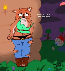 anthro canid canine chest_tuft clothed clothing detailed_background dialogue dimsun female fur imminent_sex mammal orange_body orange_fur partially_clothed presenting solo terraria torn_clothing tuft undressing were werecanid werecanine werefox zoologist_(terraria)