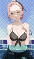 1girls absurdres bare_shoulders blush breasts earrings female female_only hair_ornament highres human jewelry kaguya-sama_wa_kokurasetai_~tensai-tachi_no_renai_zunousen~ komiy koyasu_tsubame large_breasts pink_hair pool red_eyes solo swimsuit tagme tongue water