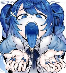 amamiya_kokoro bangs bell bell_collar blue blue_eyes blue_hair blue_mouth blue_tongue clothing eyebrows_visible_through_hair female female_only fully_clothed hair_between_eyes hair_ornament hair_ribbon looking_at_viewer maw mawshot monochrome mouth_shot nijisanji open_mouth oral_invitation simple_background solo solo_female solo_focus tagme tetugakuzonbi throat tongue tongue_out uvula virtual_youtuber