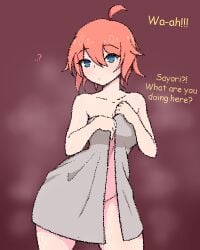 1girls blue_eyes doki_doki_literature_club english_text female just_sayori looking_at_viewer orange_hair saltdrawyou sayori_(doki_doki_literature_club) solo text towel yellow_text