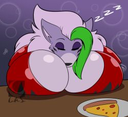 anthro big_breasts boob_pillow breast_pillow breasts canine cute female five_nights_at_freddy's five_nights_at_freddy's:_security_breach hyper_breasts lunarartstudios_(artist) pizza roxanne_wolf_(fnaf) sleeping solo tagme zzz