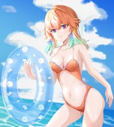 1girls 2d 2d_(artwork) absurd_res bare_arms bare_legs bare_midriff bare_shoulders bare_thighs cleavage collarbone feather_earrings female female_focus female_only floatie green_hair hololive hololive_english hololive_myth light-skinned_female light_skin medium_hair multicolored_hair ocean one-piece_swimsuit orange_hair purple_eyes solo solo_female solo_focus stardreann swimsuit swimwear takanashi_kiara thighs toned_female virtual_youtuber water