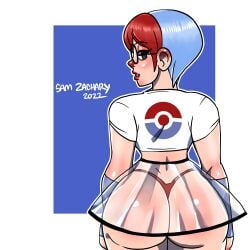 1girls 2022 ass back_view big_ass female female_only glasses light-skinned_female light_blue_hair light_skin panties penny_(pokemon) pokemon pokemon_sv red_highlights red_thong samyueru skirt solo solo_female thong transparent_clothing