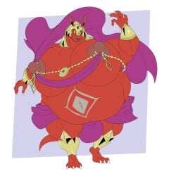 2022 3_toes 4_fingers a-side ankle_cuffs anthro armor belly belly_tattoo big_belly big_moobs bottomwear bracelet bulge cape claws clenched_teeth clothing cuff_(restraint) feet fingers futanari grin headgear helmet hi_res illfang_the_kobold_lord jewelry kobold loincloth looking_at_viewer male moobs navel nipple_piercing nipples obese obese_anthro obese_male overweight overweight_anthro overweight_male piercing pose red_body restraints smile smiling_at_viewer solo standing sword_art_online tattoo teeth toe_claws toes yellow_eyes