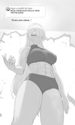 1girls abs ak-15_(girls'_frontline) among_us breasts broken_wall buruma chiyo_goya crewmate_(among_us) english_text female female_only girls'_frontline greyscale gym_uniform hair_over_one_eye highres hole_in_wall know_your_place large_breasts leanbeefpatty long_hair looking_at_viewer meme monochrome muscular_female rpk-16_(girls'_frontline) shaded_face simple_background solo sports_bikini tiktok