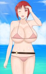 1girls alternate_costume bikini breasts cleavage female female_only fire_emblem fire_emblem:_three_houses huge_breasts monica_von_ochs nintendo ocean one_eye_closed open_mouth outdoors pink_bikini pink_swimsuit raigarasu red_eyes red_hair short_hair sideboob smile solo swimsuit underboob