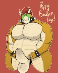 anthro balls bara belly big_breasts bowser breasts collar genitals hair hi_res koopa male male/male male_only mario_(series) nintendo nipples penis red_hair ryanburr scalie solo spiked_collar spikes video_games