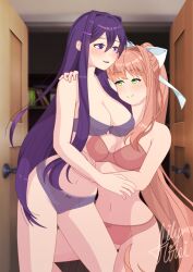 2girls 5_fingers bow_panties bra breasts cleavage doki_doki_literature_club female female_only green_eyes lilymirai long_hair matching_underwear monika_(doki_doki_literature_club) multiple_girls panties purple_bra purple_eyes purple_hair purple_panties purple_underwear red_bra red_panties red_underwear underwear yuri_(doki_doki_literature_club)