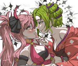 2girls alternate_costume bangs bare_shoulders blush breasts cleavage cosplay dorothea_arnault_(cosplay) dorothea_arnault_(plegian)_(cosplay) eye_contact female female_only fire_emblem fire_emblem:_the_sacred_stones fire_emblem:_three_houses fire_emblem_heroes green_eyes green_hair hair_between_eyes highres japanese_clothes kimono l'arachel_(fire_emblem) long_hair long_sleeves looking_at_another mariirasuto7 marisa_(fire_emblem) multiple_girls nintendo official_alternate_costume pink_eyes pink_hair ponytail red_kimono sexual_tension sideboob upper_body wide_sleeves yuri