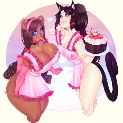 2girls anthro apron apron_only bear bear_ears big_breasts black_hair blue_eyes breasts brown_hair cake cat_ears cat_tail catgirl female florescentcolo2 freddie_(florescentcolo) grey_eyes hi_res long_hair looking_at_viewer nude nude_underneath ponytail smiling_at_viewer tagme taiul thick_thighs ursid