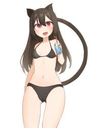 1girls animal_ears animal_tail bikini breasts brown_hair cameltoe cat_ears cat_girl cat_tail daebom drink drinking fangs female female_only kemonomimi light-skinned_female light_skin long_hair navel nekomimi personification petite puma_(daebom) red_eyes simple_background small_breasts smile solo tail thighs war_thunder white_background