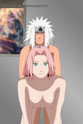 age_difference biting_lip breasts completely_naked completely_nude doggy_style fireworks from_behind green_eyes headband jiraiya naked narrowed_eyes naruto naruto_(series) naruto_shippuden nipples older_male older_man_and_teenage_girl os_art pale-skinned_female pale_skin petite pink_hair red_headband sakura_haruno short_hair smile smiling spiky_hair white_hair younger_female