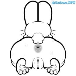 alexdraws anthro anus ass big_butt bodily_fluids curvy_figure genitals hi_res lagomorph leporid male mammal monochrome paws plump_labia pussy rabbit rear_view simple_background solo sweat voluptuous