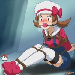 arms_behind_back arms_tied_behind_back ball_gag blush bondage bound breasts brown_eyes brown_hair cabbie_hat captured clothed clothed_female crotch_rope drool drooling embarrassed female gag gagged hat legs_tied lyra_(pokemon) medium_breasts nintendo overalls poke_ball pokemon pokemon_gsc red_shirt rope rope_bondage shirt short_hair sitting thighhighs twintails wanderer_(furafuradou)