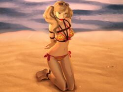 3d 3d_(artwork) ann_takamaki arms_behind_back ball_gag beach bikini blonde_hair blue_eyes bondage boxtie breast_bondage breasts female gag gagged large_breasts midriff multicolored_bikini painted_nails painted_toenails persona persona_5 red_nails rope rope_between_breasts rope_bondage side-tie_bikini skyripe solo_female sunglasses sunglasses_on_head twintails