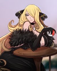 big_breasts blonde_female blonde_hair breasts choker cynthia_(pokemon) dress fancy_clothing female gloves hair_ornament hair_over_one_eye holding_poke_ball large_breasts long_hair omiza_somi poke_ball pokemon pokemon_dppt table tagme