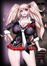 1girls bald big_breasts big_penis blonde_hair blue_eyes bow bra breasts busty cardigan censored cleavage danganronpa dark-skinned_male gggg junko_enoshima light-skinned_female looking_at_viewer panties pattern_clothing penis skirt smile twintails