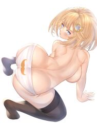 absurdres all_fours ass ass_cleavage backboob bangs blonde_female blonde_hair blue_eyes blush breasts butt_crack female hair_ornament highres hololive hololive_english hololive_myth honkivampy huge_ass large_breasts looking_at_viewer monocle_hair_ornament no_bra panties print_panties short_hair sideboob simple_background solo thighhighs thighs topless underwear virtual_youtuber watson_amelia white_background white_panties
