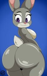 2022 absurd_res anthro anus ass big_butt blue_background breasts digital_media_(artwork) disney eyebrows eyelashes female hi_res judy_hopps lagomorph leporid looking_back mammal medium_breasts nr_ac nude pink_nose purple_eyes rabbit rear_view simple_background smile solo zootopia