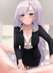 2girls blue_eyes cleavage ejaculation female_masturbation female_only fingering green_nails hololive hololive_indonesia hololive_indonesia_holoro landacdeus light-skinned_female light_skin long_hair masturbating_other multiple_girls office_lady pantyhose pavolia_reine pussy pussy_juice silver_hair skirt smirk virtual_youtuber yuri