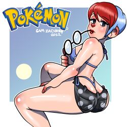 1girls ass big_ass big_breasts bikini breasts female female_only glasses glasses_in_mouth light-skinned_female light_blue_hair light_skin lipstick looking_at_viewer penny_(pokemon) pokemon pokemon_sv red_hair red_highlights samyueru sideboob sitting solo solo_female swimsuit