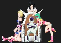 1boy 3d 4girls alien alien/human alpha_male android_18 armor arms_crossed bedroom_eyes black_hair blonde_hair blue_hair blush bulma_briefs bulma_briefs_(frieza_saga) chichi chichi's_armor dragon_ball dragon_ball_super dragon_ball_z frieza harem interspecies large_filesize leaning leaning_forward royalty saiyan_armor smirking_at_viewer smug tail throne videl white_body