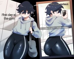 1boy ass black_hair blue_eyes bulge captain_(dimansfw) crossdressing dimansfw english_text femboy gym leggings male male_only mirror_selfie original selfie short_hair solo text thick_thighs thighs tight_clothing yoga_pants