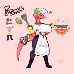 1girls apron big_breasts boots breasts chef_hat clothed dragon dragon_tail female fire green_eyes green_hair oven_mitts pan pants red_body scarf shoes sirphilliam spatula spices tagme tail