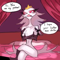 anthro avian beak bed breasts crown demon dialogue feathers female furniture helluva_boss hi_res mature_female nude on_bed open_mouth ryee solo speech_bubble stella_(helluva_boss) tongue white_body white_feathers