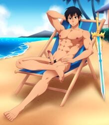 1boy abs adonis_belt beach beach_chair black_eyes black_hair catnappe143 erect_penis erection kazehaya_kamito large_penis light-skinned_male male male_only muscular muscular_male ocean outdoor_nudity outdoors palm_tree pecs penis proud_of_his_cock seirei_tsukai_no_blade_dance smile sword weapon