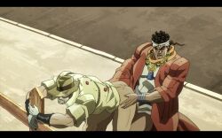 2boys david_productions edit erection gay imminent_anal imminent_sex jojo's_bizarre_adventure joseph_joestar male male_only mature_male mohammed_avdol old_joseph partially_clothed penis public_sex stardust_crusaders yaoi