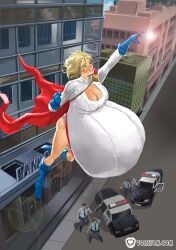 belly big_belly big_breasts blonde_hair breasts cleavage dc dc_comics female flying huge_belly large_breasts police power_girl same_size_vore short_hair vore vore-fan-comics