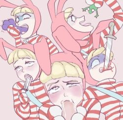 blonde_hair blood blowjob bunny_ears bunny_hat bunnysuit cum cum_in_mouth cum_on_face frog kedamono_(popee_the_performer) knife licking_knife ouch paw paws pink_bunny_ears popee_(popee_the_performer) popee_the_performer purple_fur scared scared_expression scared_face scared_shitless sucking_penis tears vore white_claws