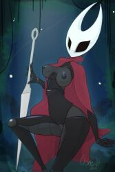 1girls 2:3 absurd_res anthro areola arm_support arthropod black_areola black_body black_nipples blue_pussy breasts cloak clone26 clothing exoskeleton female genitals hi_res hollow_knight hornet_(hollow_knight) mask melee_weapon mostly_nude nipples pussy sitting solo sword team_cherry video_games weapon