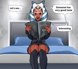 1girls ahsoka_tano alien alien_girl alien_humanoid bedroom belt blue_eyes book boots clothed clothing comic dialogue english_text eyelashes facial_markings facing_viewer female female_only female_protagonist fit_female front_view happy head_markings hi_res holding_book holding_object humanoid knee_boots lekku_(anatomy) long_eyelashes markings minko montrals not_furry on_bed sitting smile smirk solo speech_bubble star_wars star_wars_rebels text thick_thighs togruta tribal_markings