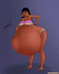 1girls belly big_belly big_breasts black_hair breasts chel cleavage dark-skinned_female dark_skin earrings ergos female hand_on_belly huge_belly latina nipple_bulge same_size_vore the_road_to_el_dorado underboob vore what